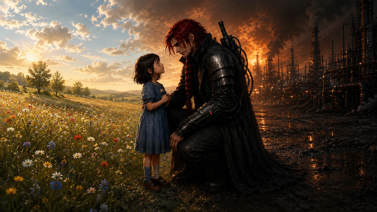 The Nectar Chronicles — a warrior kneels before a child between meadow and refinery